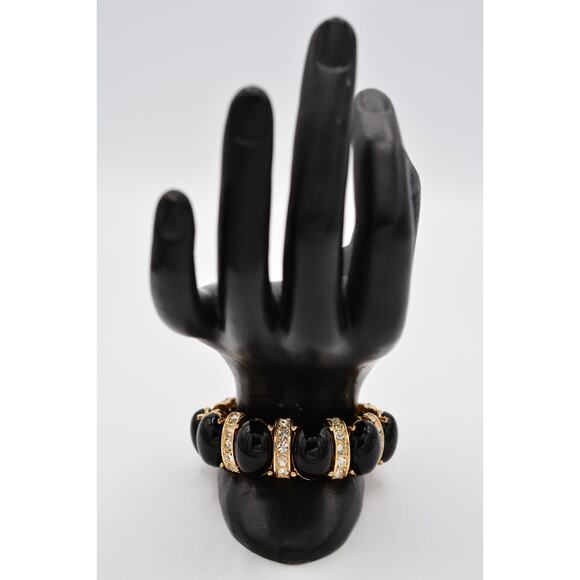 Stretchy Bracelet Black Cabochon Rhinestone Crystal Gold Tone Shiny Bin6 - Picture 6 of 12
